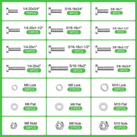 Top Shelf Stainless Steel Hex Socket Cap Screws UNC Bolt Assortment Kit showing various sizes and counts of fasteners for mechanics.