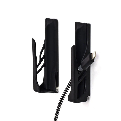 Legit Sturdy Black Smartphone Mount With Heavy Duty Screw Or Tape Options For Vehicles And Home Desk No Sweat Setup And Broad Compatibility For Daily Commutes And Office Use, showing two mounts and cable.