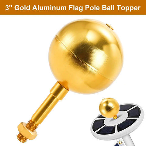 Flag Pole Hardware Kit With 3 Inch Gold Ball Topper, Aluminum Alloy Construction, Weatherproof Flagpole Accessories, 50 Feet Halyard Rope, 4 Inch Cleat Hook With Screws, Four Swivel Snap Hooks, And Pulleys For 2 Inch OD Tubes gold aluminum ball topper with threaded mount