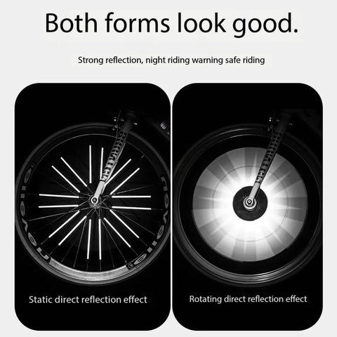 36 Pcs Cycling Reflectors in Red Yellow and Blue for Night Rides on Bike Wheel Spokes, showing static and rotating effects