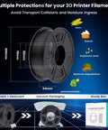 Black spool of neatly wound PLA Plus 1.75mm filament with protective packaging highlighting natural materials and protections for 3D printing.