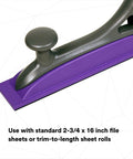 Close-up of Dust Free Hand Sanding Block with Hookit Attachment 70x396 mm showing purple grip and ergonomic handle.