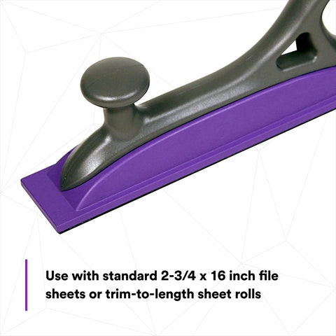 Close-up of Dust Free Hand Sanding Block with Hookit Attachment 70x396 mm showing purple grip and ergonomic handle.