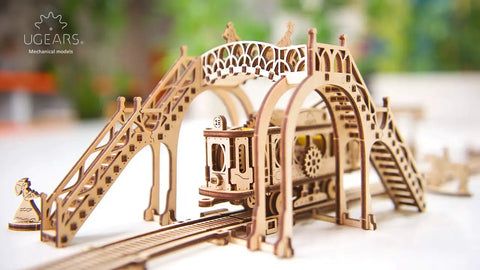 Hands-On Mechanical Tram Line Wooden Model Kit From Town Series, 3D Puzzle Assembly With Realistic Details, Laser-Cut Plywood Build For DIYers, Great Gift For Techies And Craft Fans, wooden tram model on bridge