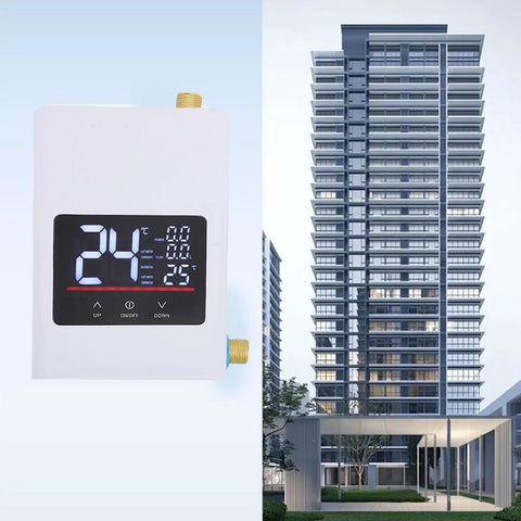 No Drama On Demand Hot Water Tankless Electric Water Heater With Slick Lcd Touchscreen US Plug 110 Volt showing LCD display and wall-mounted setup.
