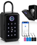 Wireless Key Lock Box With App Access And Bluetooth Ekey Dope Biometric Lockbox with backlit touchscreen and keys shown.
