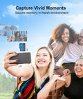 Group of friends taking a selfie with 64GB Micro SDXC Memory Card UHS-I Class 10 for Camera Dash Cam Tablet And PC Use displayed.