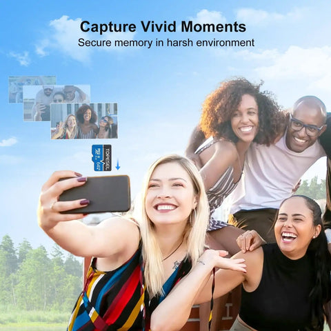Group of friends taking a selfie with 64GB Micro SDXC Memory Card UHS-I Class 10 for Camera Dash Cam Tablet And PC Use displayed.