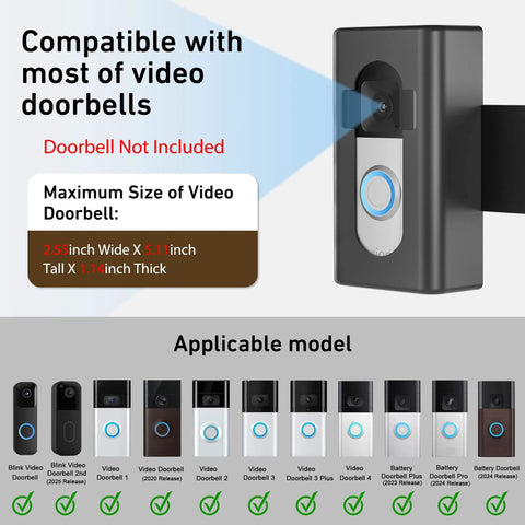 No Drill Anti Theft Video Doorbell Mount for Apartment Rentals on inward swing door fits Video Doorbell 1-4 models, black.
