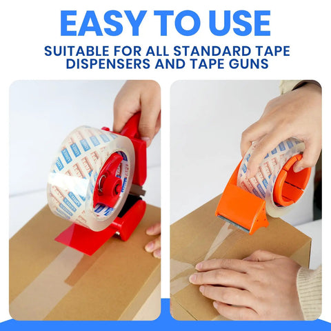 Rock Solid Heavy Duty Crystal Clear Packing Tape With Badass Industrial Adhesion For Moving Boxes Shipping Supplies And Cartons That Absolutely Will Never Tear Or Peel in use with tape dispensers on a cardboard box.