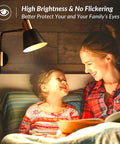 Mother reading to child under lamp; focused on dimmable vintage LED Edison bulbs 8W filament, 100W equivalent, 1200 lumens, ST58 ST19 clear glass, 3000K soft white, E26 base, CRI90 plus, perfect for home kitchen bathroom ambience, 4 pack.