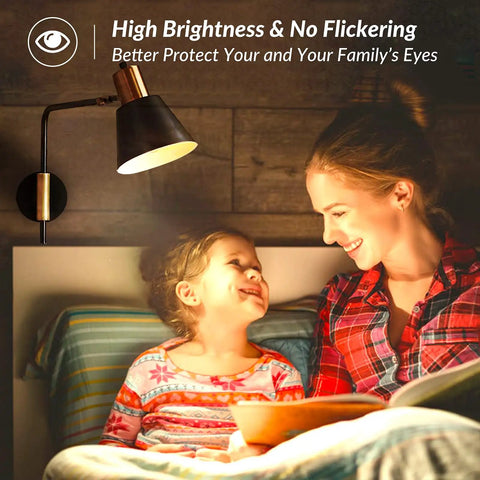 Mother reading to child under lamp; focused on dimmable vintage LED Edison bulbs 8W filament, 100W equivalent, 1200 lumens, ST58 ST19 clear glass, 3000K soft white, E26 base, CRI90 plus, perfect for home kitchen bathroom ambience, 4 pack.