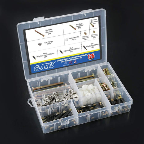 Open case of 125 Piece 3 In 1 Diy Ready Furniture Connecting Hardware Set With Hex Socket Cap Screws Barrel Nuts Cam Fittings