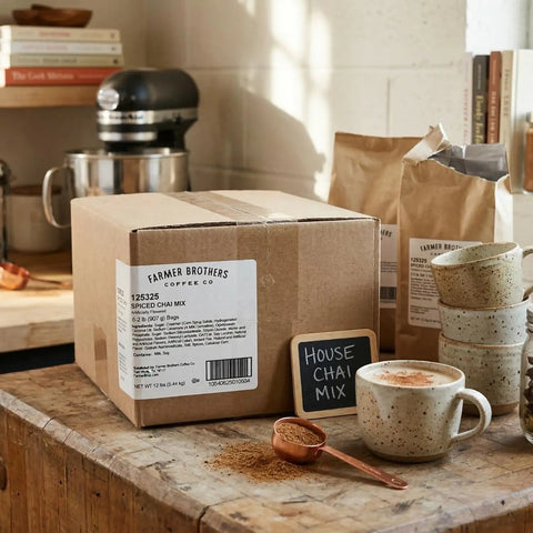 Box labeled 'Spiced Chai Mix', cups with Creamy Instant Chai Latte Powder Mix For Hot Or Iced Drinks, Sweet Spiced Black Tea Latte.