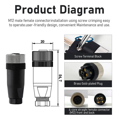 Product diagram of M12 4 Pin A Code Female Industrial Aviation Connector with screw terminal block and brass gold-plated plug.