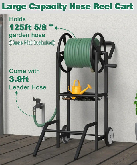 Two Wheel Hose Reel Cart Heavy Duty Powder Coated Steel Backyard Outdoor Water Hose Holder For Up To 125 Feet Of Five Eighth Inch Hoses With Basket And Three Point Nine Foot Leader Hose Black shown on patio