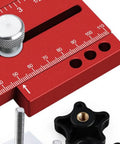 Close-up of Extended Thin Ripping Jig For Woodworking With Dual Bearings, Aluminum Alloy Guide Jig with red scale markings.