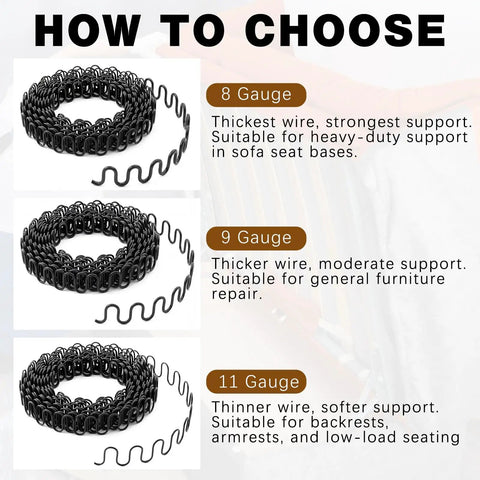 Nine Gauge Zig Zag Upholstery Springs One Roll Forty Nine Foot High Carbon Steel Sinuous Support options for furniture repair.