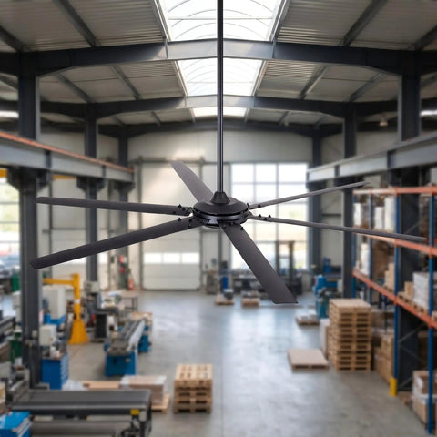 Massive 120 Inch Industrial Black Ceiling Fan With No Lights Ultra High Airflow 36000 CFM for shops, garages, barns, in warehouse setting.