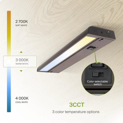 Swivel LED Under Cabinet Lights 12 Inch 5W Kit Dimmable And Linkable with selectable color temp switch, 3 color options shown