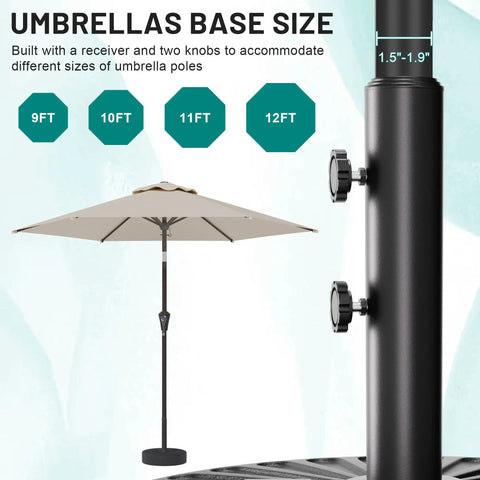 Beefed Up Heavy Duty Outdoor Umbrella Base For Market Umbrellas, 81.5 Lb Capacity Water Filled Base, Black Patio Base With Dual Lock Knobs For Maximum Stability And Pole Size Versatility, supporting different umbrella sizes, shows close-up of dual lock knobs.