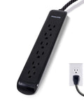 Six-Outlet Surge Protector Power Strip With 10-Foot Braided Cord And Flat Plug, 1080 Joules, ETL Listed, Black, connected to socket
