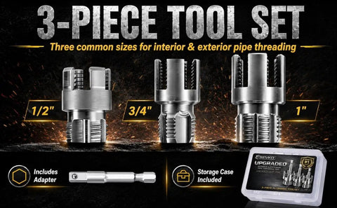 Sevko Pvc Pipe Threader Set Includes Internal And External Cutters Compatible With Drill For 1/2 3/4 And 1 Inch Pvc Lines, 3 piece tool set.