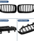 Gloss Black Front Kidney Grille For 2012 Through 2018 3 Series F30 F31 Double Slats Replacement, front and back view