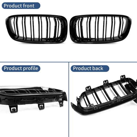 Gloss Black Front Kidney Grille For 2012 Through 2018 3 Series F30 F31 Double Slats Replacement, front and back view