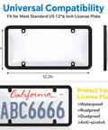 2 Pack Clear License Plate Covers For Front And Rear With Frames And Screw Caps Built Tough Rustproof Unbreakable Weatherproof Easy Install For Cars Trucks SUVs Transparent showing dimensions and protection benefits