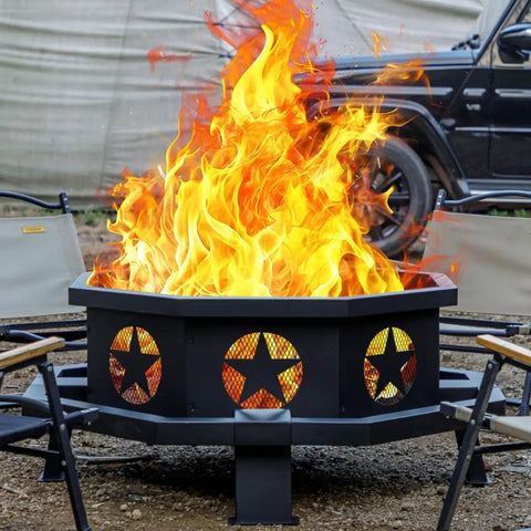 42 Inch Outdoor Fire Pit With Heavy Duty Wood Burning Design, Octagonal Patio Campfire Pit, Includes Fire Poker, Stable On Uneven Ground
