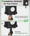 Set Of 2 Dual Side Clamping Studio Monitor Stands For Desktop, showing installation methods with knob and screw options.