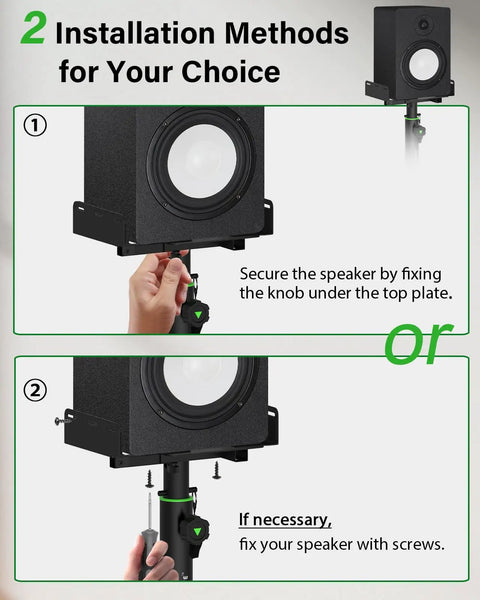 Set Of 2 Dual Side Clamping Studio Monitor Stands For Desktop, showing installation methods with knob and screw options.