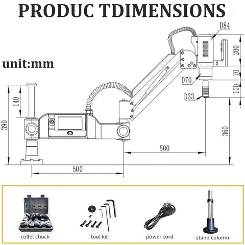 Zyllds 600W Electric Tapping Machine M3 To M16 dimensions illustration with mounted touch screen and flexible arm.