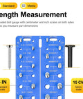 Front view of blue 30-in-1 nut and bolt thread gauge with standard and metric scales; 6 in and 15 cm rulers.