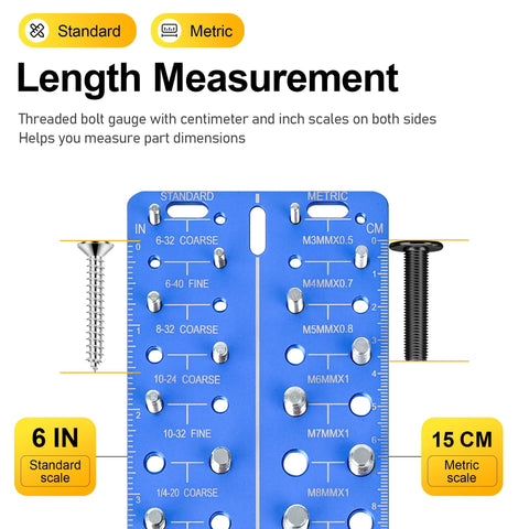 Front view of blue 30-in-1 nut and bolt thread gauge with standard and metric scales; 6 in and 15 cm rulers.