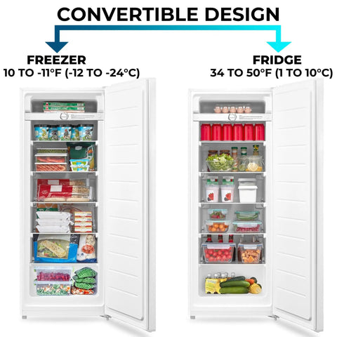 No Sweat Storage Upright Convertible Freezer Fridge With Seven Point Zero Cubic Feet Capacity In Clean White Build showing freezer and fridge sides.