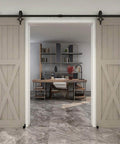 11 Ft Sliding Barn Door Hardware Track Kit With Floor Guide Heavy Duty Built To Last Construction Smooth And Quiet Operation Fits Double Doors Up To 33 Inches Wide Frosted Black Steel Rail System installed on double wooden doors