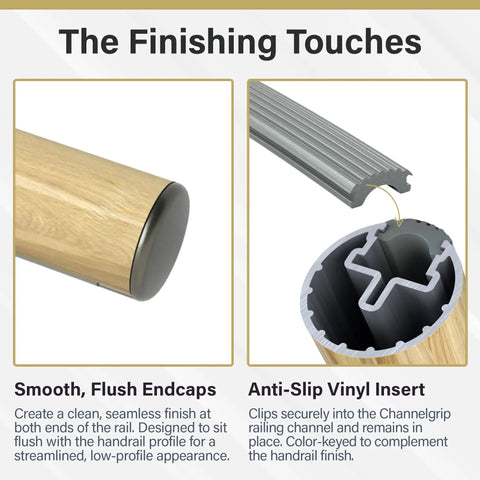 Oak 3-Foot Flush Handrail Kit for Indoor Stairs with flush endcaps and anti-slip vinyl insert detail