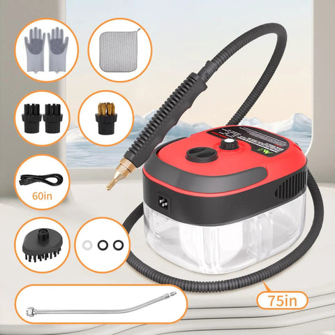 Handheld Pressurized Steam Cleaner 2500W Beast Power Home Cleaning Tool For Couches Cars Floors And More, shown with accessories