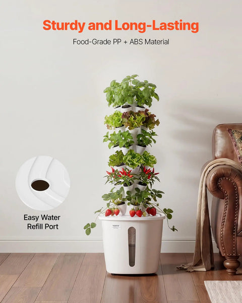 Vertical Hydroponic Tower With 6 Tiers And 30 Pods, App Controlled Indoor Garden, shown in a living room setting.