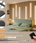 LED Recessed Lighting Kit for Slat Wall Panels, 6PCS Dimmable 3000K Warm White LED Strip Lights with Touch Switch installed behind a bed.