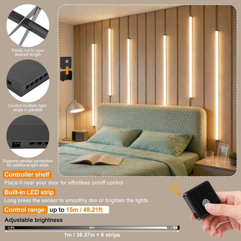 LED Recessed Lighting Kit for Slat Wall Panels, 6PCS Dimmable 3000K Warm White LED Strip Lights with Touch Switch installed behind a bed.