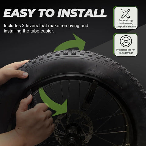 True 4.0 Inch Fat Bike Inner Tube installation on 20x4 tire, shown with levers, made of durable butyl rubber, no flat reliability.