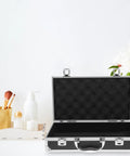Kickass Aluminum Toolbox Carrying Case With Grip Handle Top Shelf Rigid Shell Organizer open showing interior for tools and stationery essentials.
