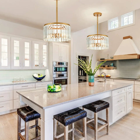 Gold 12 Inch Semi Flush Mount Crystal Ceiling Light Fixture With 38 Crystal Beads for Kitchen above island view