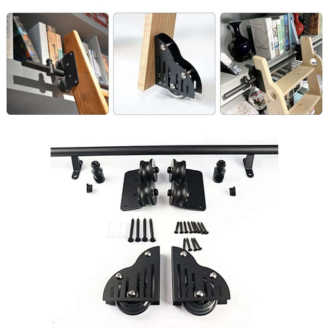 Sliding Barn Door Hardware Kit With Floor Roller Wheels And Library Ladder Track System For Attics Storage Rooms Wine Cellars And Home Libraries 16Ft 500Cm Track Kit components displayed