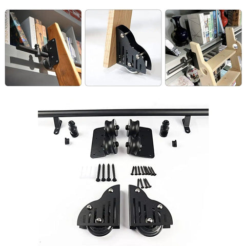 Sliding Barn Door Hardware Kit With Floor Rollers And Track System Full Set For 3 3Ft To 20Ft Doors Black Finish Library Ladder Track Kit Attic And Storage Room Rolling Door Solution No Fuss Easy Install And Smooth Operation components displayed.