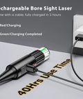 Rechargeable Green Bore Sight Laser Kit With charging indication lights and power adapter, highlighting easy setup and use