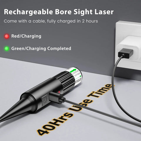 Rechargeable Green Bore Sight Laser Kit With charging indication lights and power adapter, highlighting easy setup and use